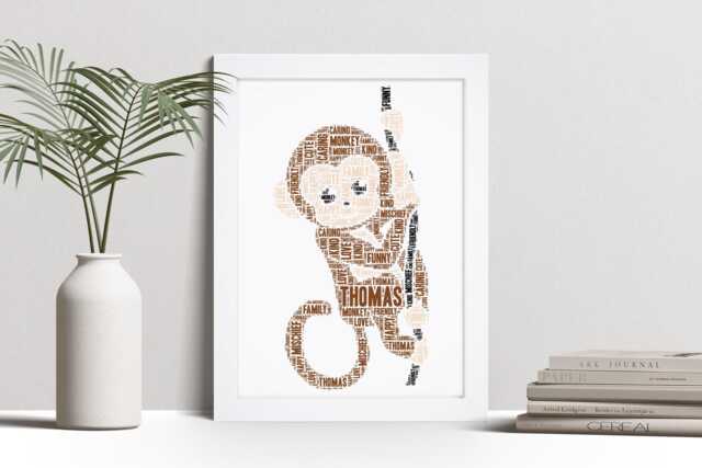 Personalised Cute Monkey Word Art Print, Cheeky Gift, Custom Wall Framed Picture, Present For Kids, Children Nl - image 1