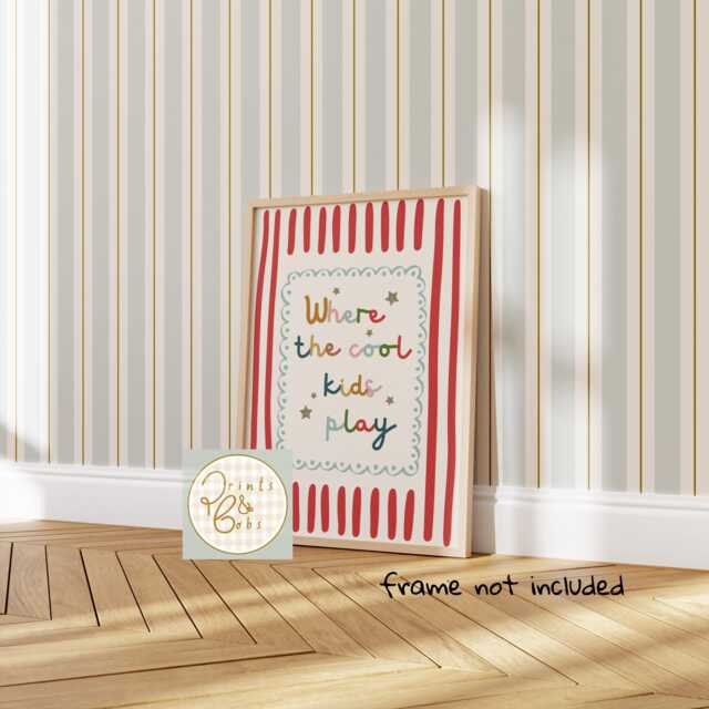 Where The Cool Kids Play Print, Bright Red Stripe Gender Neutral Wall Art, Quirky Vibrant Child's Poster, Playroom Quote Art - Unframed - image 1