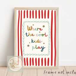 Where The Cool Kids Play Print, Bright Red Stripe Gender Neutral Wall Art, Quirky Vibrant Child's Poster, Playroom Quote Art - Unframed - thumbnail 2