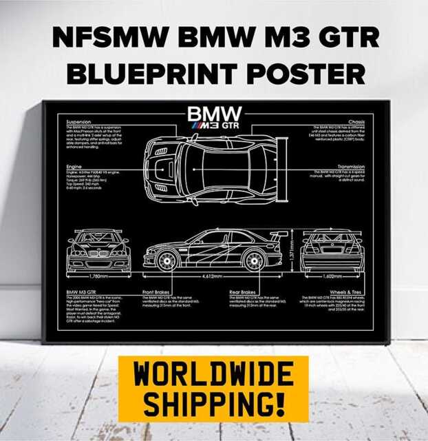 Bmw M3 Gtr Car Poster - Technical Blueprint Need For Speed Most Wanted Frame Not Included Petrol Head Gift For Him