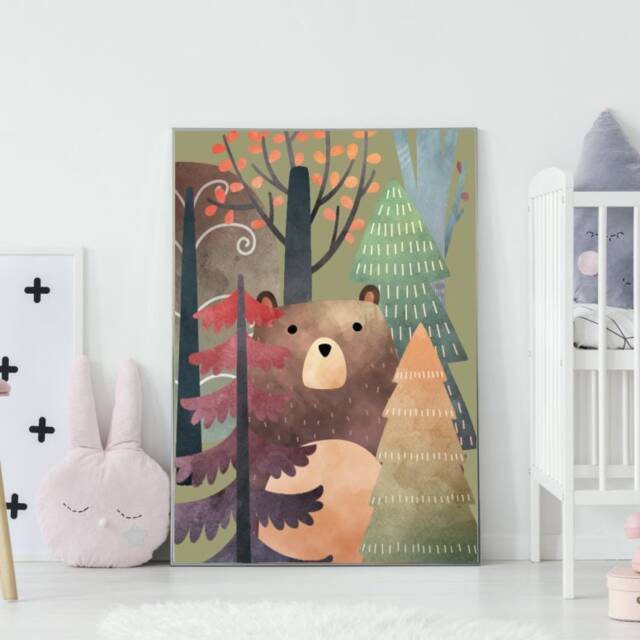 Forest Print Bear Animals Art in Forest Posters Poster For Children Kids Picture Print To School Decors - image 1