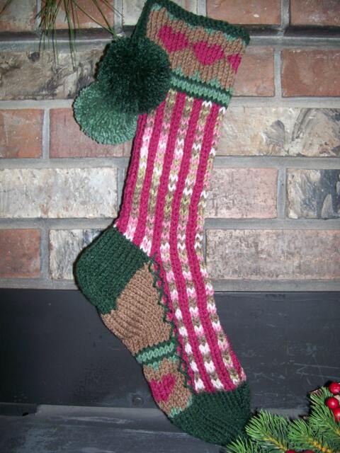 Hand Knit Christmas Stocking Pink Camo Magenta Brown Green Heart Border By Santa's Works - image 1