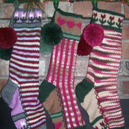 Hand Knit Christmas Stocking Pink Camo Magenta Brown Green Heart Border By Santa's Works - thumbnail 3