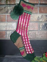 Hand Knit Christmas Stocking Pink Camo Magenta Brown Green Heart Border By Santa's Works - thumbnail 1
