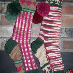 Hand Knit Christmas Stocking Pink Camo Magenta Brown Green Heart Border By Santa's Works - thumbnail 2