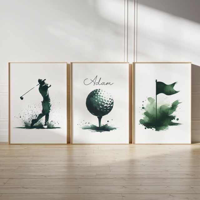 Personalised Golf Prints - Set Of 3 Green Posters - Boys Bedroom Decor Custom Golfer Wall Art Kid Room Golfing Artwork Gift - image 1