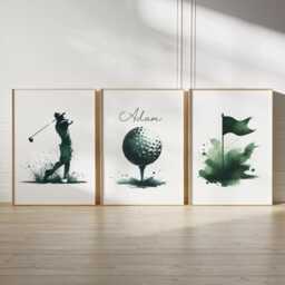 Personalised Golf Prints - Set Of 3 Green Posters - Boys Bedroom Decor Custom Golfer Wall Art Kid Room Golfing Artwork Gift - thumbnail 1