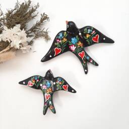 Black Birds/Bird Figurine Art Swallows Ceramic Vintage Handmade Wall Decor - thumbnail 3
