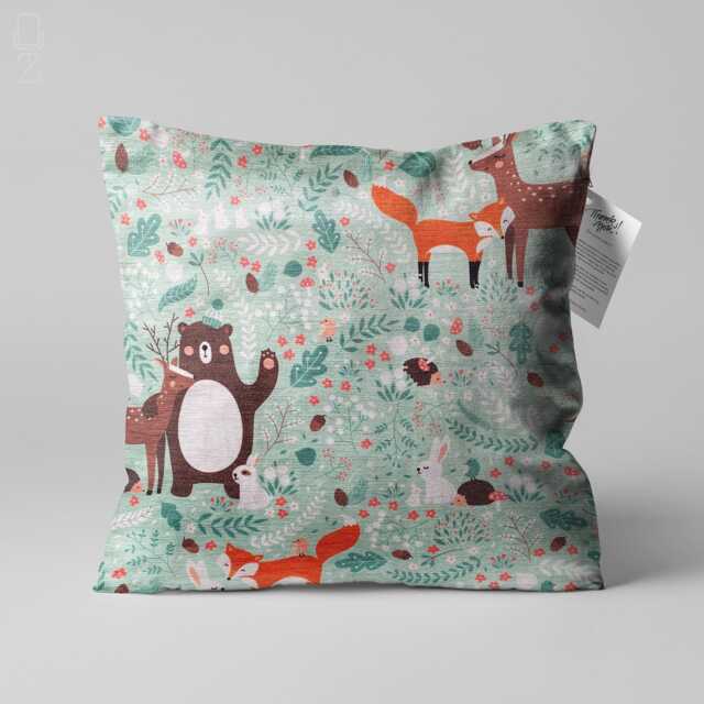 Woodland Animals Kids Pillow Cover - Green Chenille Nursery Decor - image 1