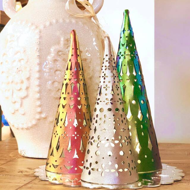 Holiday Tree Light Decorations - Christmas Lanterns Emerald, Ruby, Bronze Vegan Leather Trees Decor Set Tea Lights Included - image 1