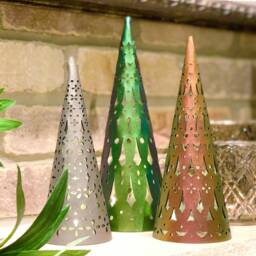 Holiday Tree Light Decorations - Christmas Lanterns Emerald, Ruby, Bronze Vegan Leather Trees Decor Set Tea Lights Included - thumbnail 3