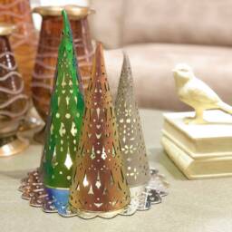 Holiday Tree Light Decorations - Christmas Lanterns Emerald, Ruby, Bronze Vegan Leather Trees Decor Set Tea Lights Included - thumbnail 2