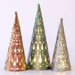 Holiday Tree Light Decorations - Christmas Lanterns Emerald, Ruby, Bronze Vegan Leather Trees Decor Set Tea Lights Included - thumbnail 4