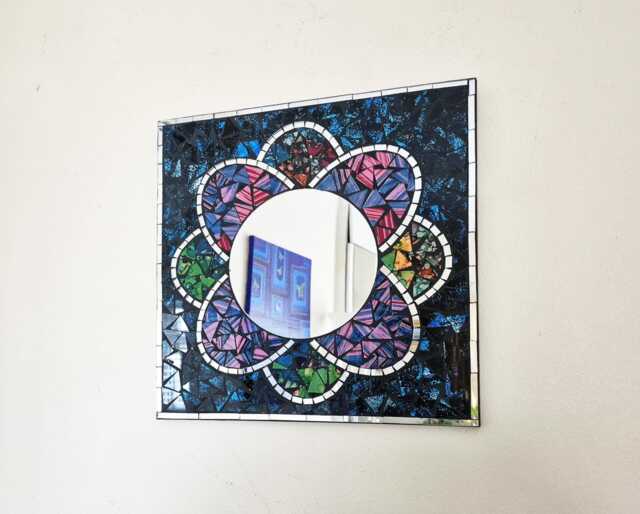 Floral Mosaic Wall Mirror, Colorful Tile Art, Handmade in Bali, 30cm - image 1