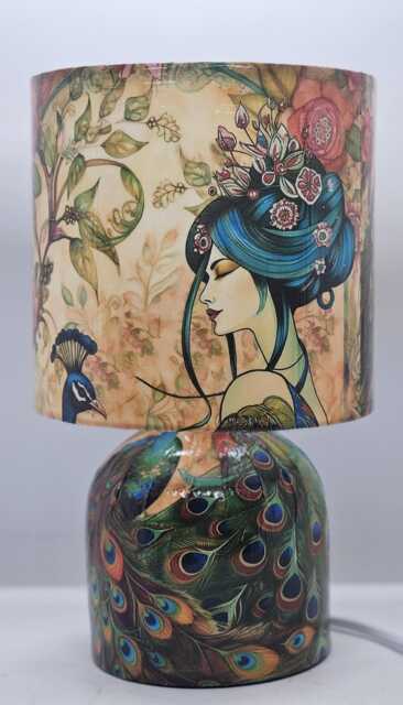 Geisha & Peacock Table Lamp - Decoupag Home Decor Bedside Night Light Oriental Gift - image 1