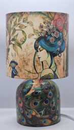 Geisha & Peacock Table Lamp - Decoupag Home Decor Bedside Night Light Oriental Gift