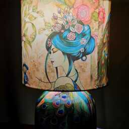 Geisha & Peacock Table Lamp - Decoupag Home Decor Bedside Night Light Oriental Gift - thumbnail 2