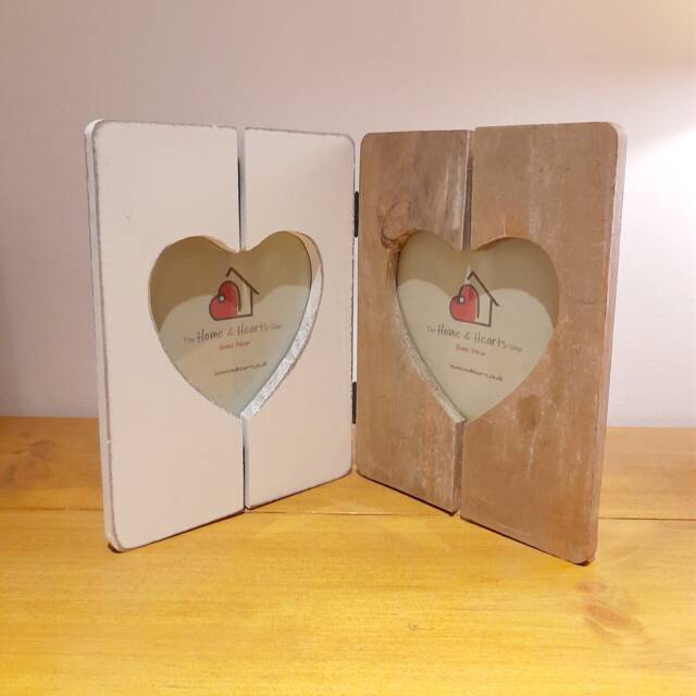 Two Tone Heart Wooden Double Photo Frame - The Home & Hearts Shop Rustic Shabby Wedding Gift Christmas Picture - image 1