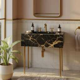 Luxury Bathroom Vanity - Picasso Marble Sink Basin Console With Brass Metal Legs, Custom Natural Stone For Powder Room Design M7M010 - thumbnail 3
