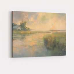 Soft Pastel Lakeside Marsh Cottage Landscape Canvas Wall Art Print Decor Picture Ready To Hang - thumbnail 4