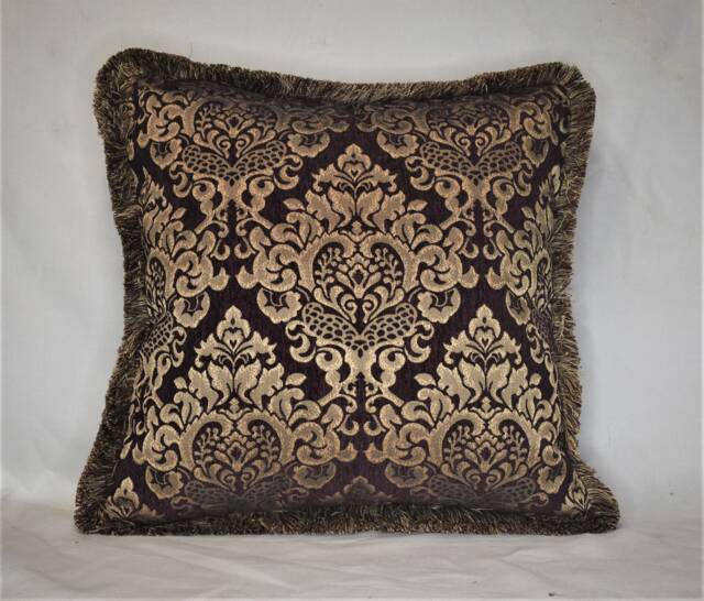 Brown & Gold Chenille Throw Pillow With Gold/Brown Brush Fringe - image 1