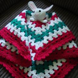 Security Blanket With Bunny Deep Pink, Teal Green & White Blanket, Also Called Lovey in Usa - thumbnail 4