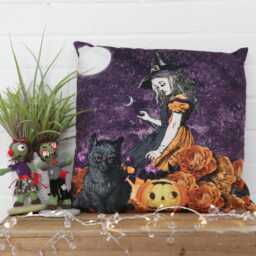 Alice in Wonderland Halloween Cushion Velvet Black & Gold 45cm X Cushions Pillows - Purple Witches Cat Pumpkin Full Moon - thumbnail 2