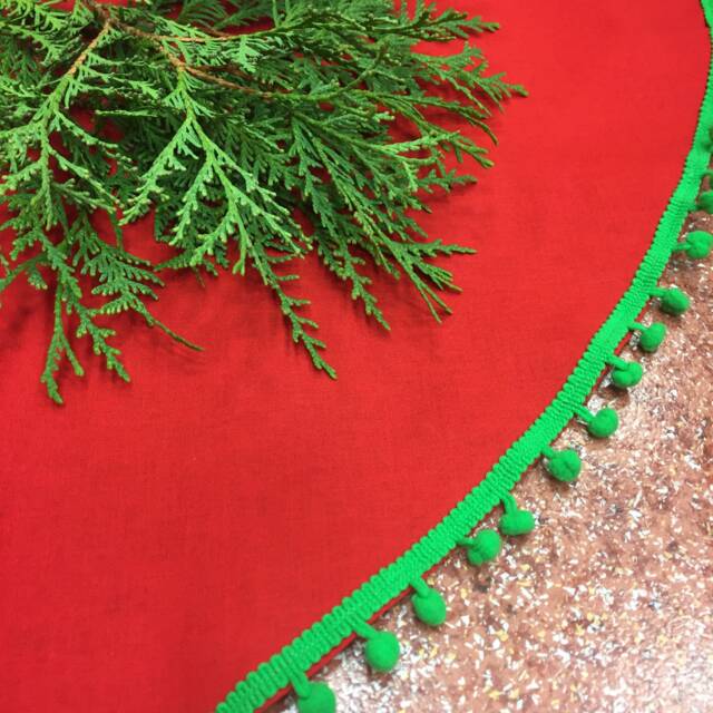 Handmade Red Cotton Christmas Tree Skirt With Green Pom Poms - 39 Inches - image 1