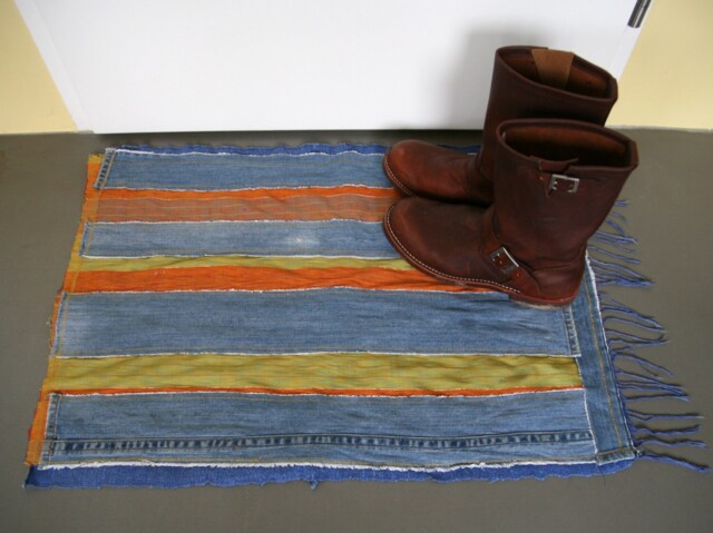 Floor Or Table Rug Made From Handwoven Ikat Textile Mixed With Recycled Denim - image 1