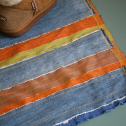 Floor Or Table Rug Made From Handwoven Ikat Textile Mixed With Recycled Denim - thumbnail 2