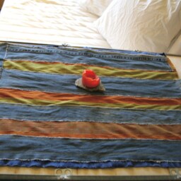 Floor Or Table Rug Made From Handwoven Ikat Textile Mixed With Recycled Denim - thumbnail 3