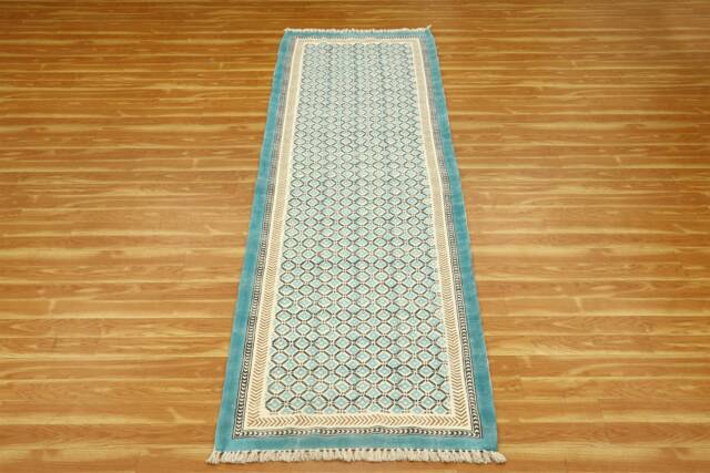 Handmade Geometric Cotton Runner Rug Green & Beige - image 1