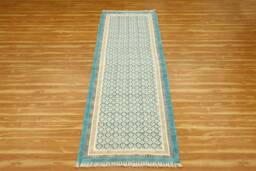 Handmade Geometric Cotton Runner Rug Green & Beige - thumbnail 1