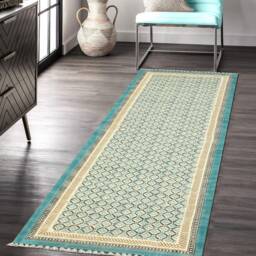 Handmade Geometric Cotton Runner Rug Green & Beige - thumbnail 2