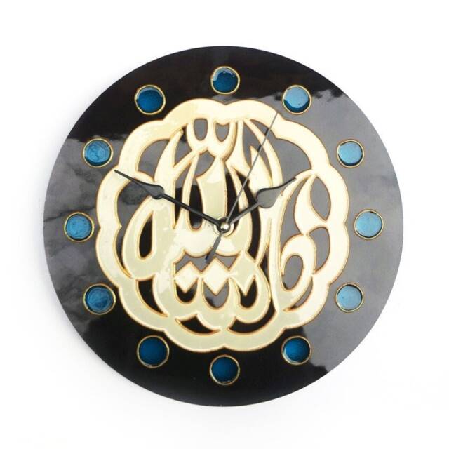 Islamic Glass Wall Clock With Brown & Blue Accents Hand-Painted - image 1