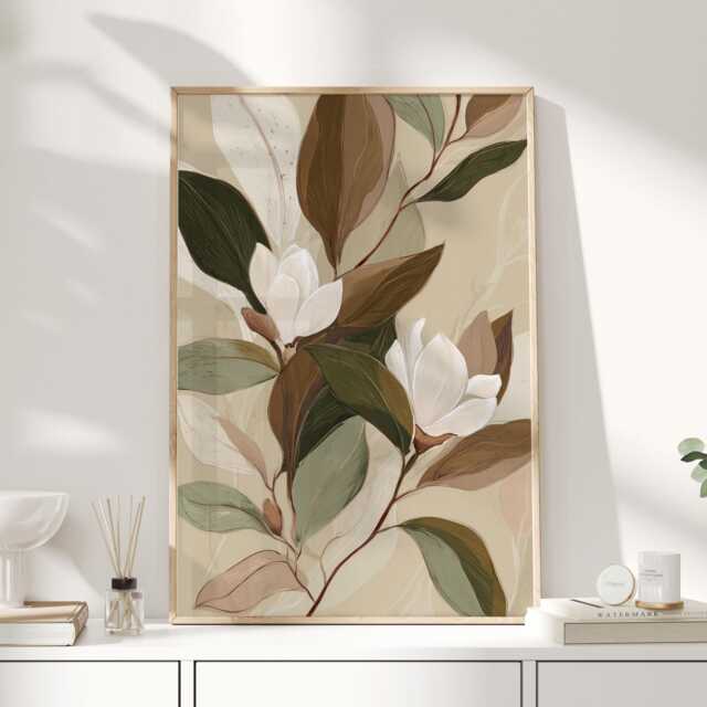 Neutral Botanical Print, Magnolia Wall Art, Beige Sage Green Floral Poster, Minimal Nature Decor For Bedroom, Living Room, Hallway - image 1