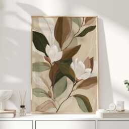 Neutral Botanical Print, Magnolia Wall Art, Beige Sage Green Floral Poster, Minimal Nature Decor For Bedroom, Living Room, Hallway - thumbnail 1