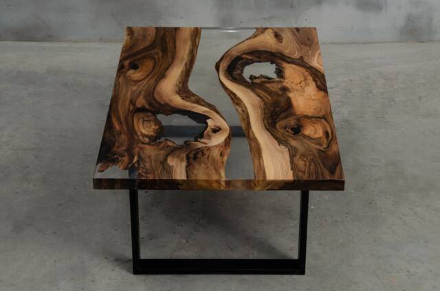 Custom Resin Table Made Of Walnut, Crystal Transparent Uv Resin, Rectangular Epoxy With Steel Legs, River For A Modern Interior - image 1