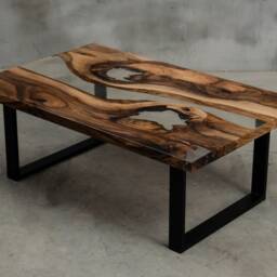 Custom Resin Table Made Of Walnut, Crystal Transparent Uv Resin, Rectangular Epoxy With Steel Legs, River For A Modern Interior - thumbnail 2