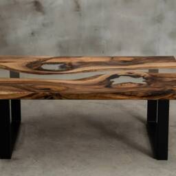 Custom Resin Table Made Of Walnut, Crystal Transparent Uv Resin, Rectangular Epoxy With Steel Legs, River For A Modern Interior - thumbnail 3