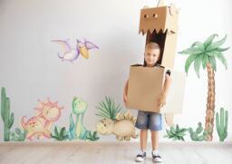 Kids Wall Decal - Colorful Dinosaurs Decals With Palm Stickers Cute Prehistoric Animals - thumbnail 1