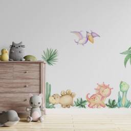 Kids Wall Decal - Colorful Dinosaurs Decals With Palm Stickers Cute Prehistoric Animals - thumbnail 3
