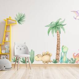 Kids Wall Decal - Colorful Dinosaurs Decals With Palm Stickers Cute Prehistoric Animals - thumbnail 2