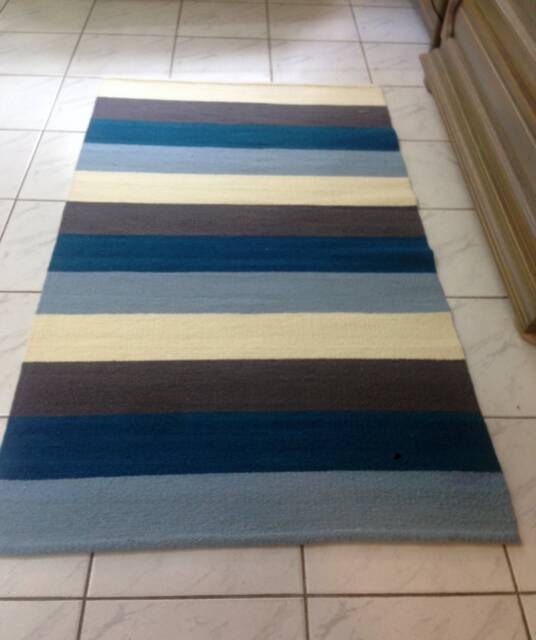 Handwoven Wool Rug Striped Blue Gray White, Washable Area Rug - image 1