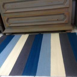 Handwoven Wool Rug Striped Blue Gray White, Washable Area Rug - thumbnail 2