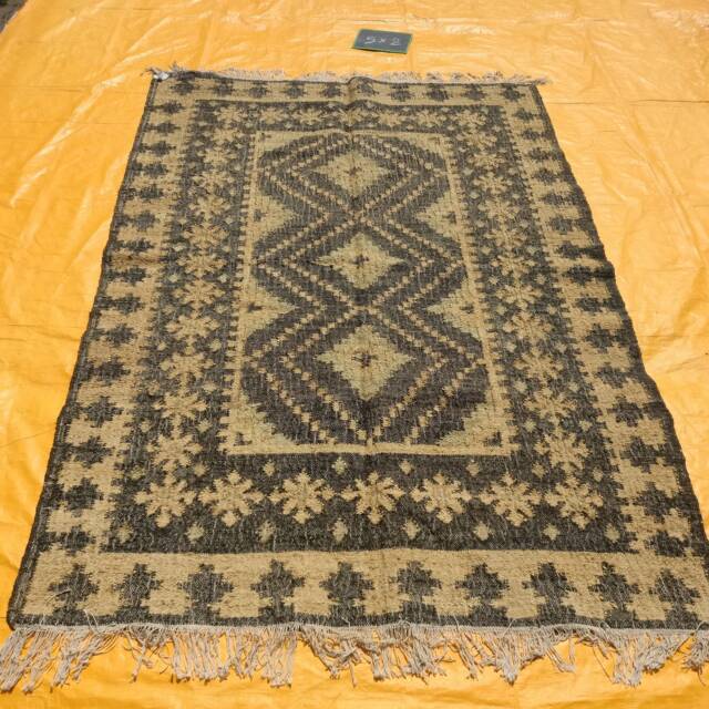 Moroccan Jute Floor Covering Rug, Hand Woven Black Brown Rectangular Rug With Fringes, Custom Natural Fiber Rugs - image 1