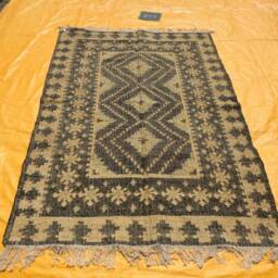 Moroccan Jute Floor Covering Rug, Hand Woven Black Brown Rectangular Rug With Fringes, Custom Natural Fiber Rugs - thumbnail 1