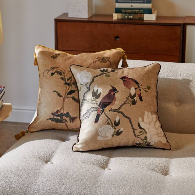 Retro Bird Chenille Throw Pillow Cover, Botanical Accent Pillowcase - image 1