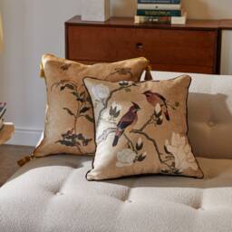 Retro Bird Chenille Throw Pillow Cover, Botanical Accent Pillowcase - thumbnail 1