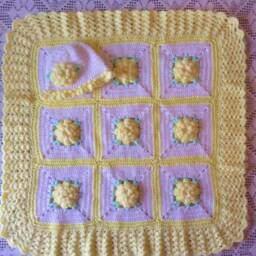 Baby Blanket Crochet Girl Yellow/White 3Dflower For Bassinet Or Carrier/Carseat & Matching Hat Perfect For Shower Coming Home Gift - thumbnail 2